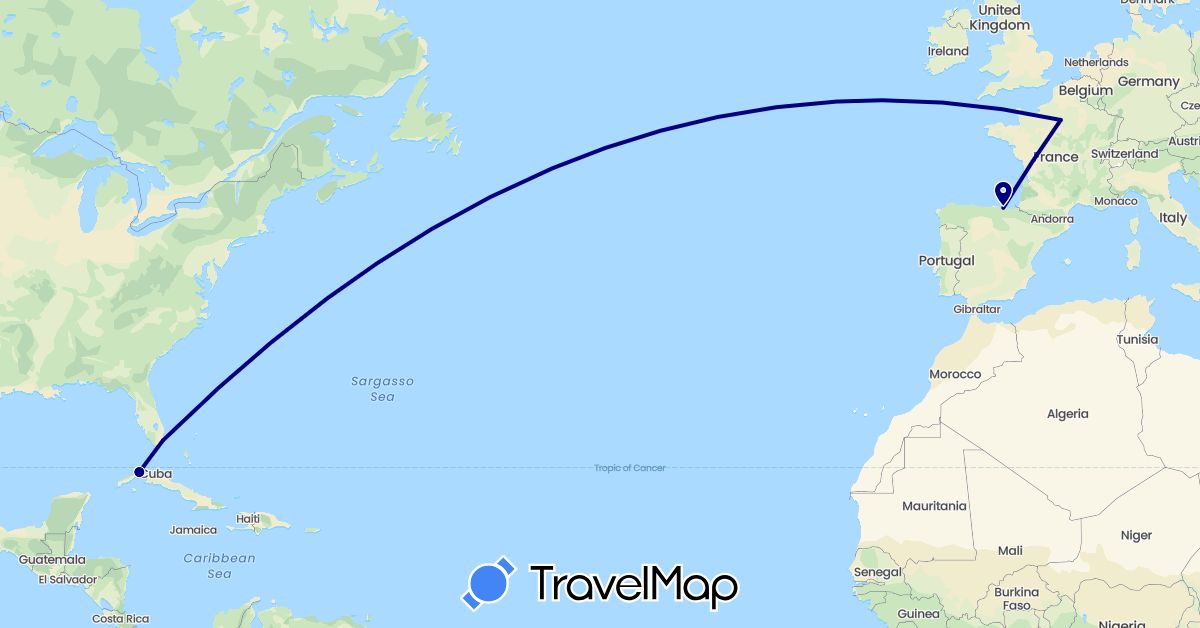TravelMap itinerary: driving in Cuba, Spain, France, United States (Europe, North America)